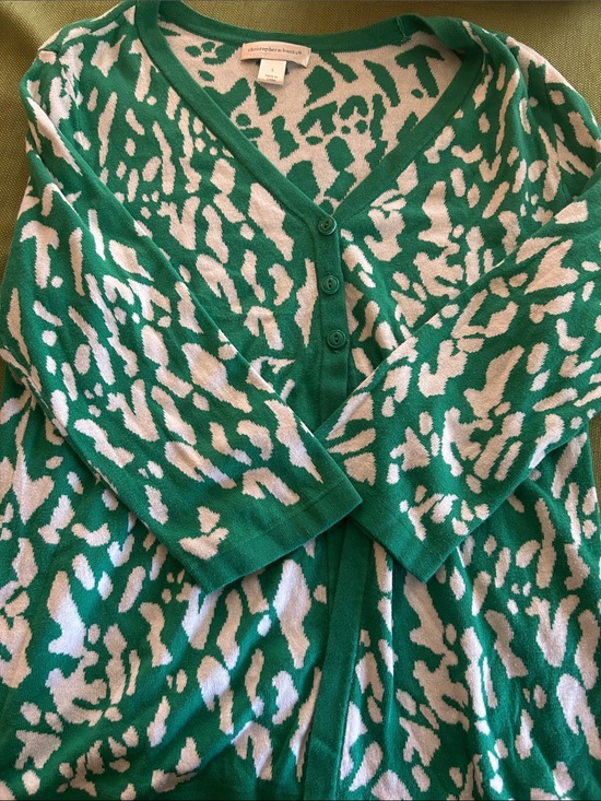 Christopher & Banks Tops - Christopher & Banks Green and Cream Animal-Print V-Neck Cardigan 100 cotton
